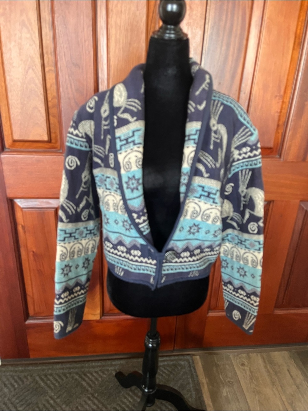 Flashback Kokopelli Vintage Tapestry Crop Jacket Blue Cream Southwestern Sz S